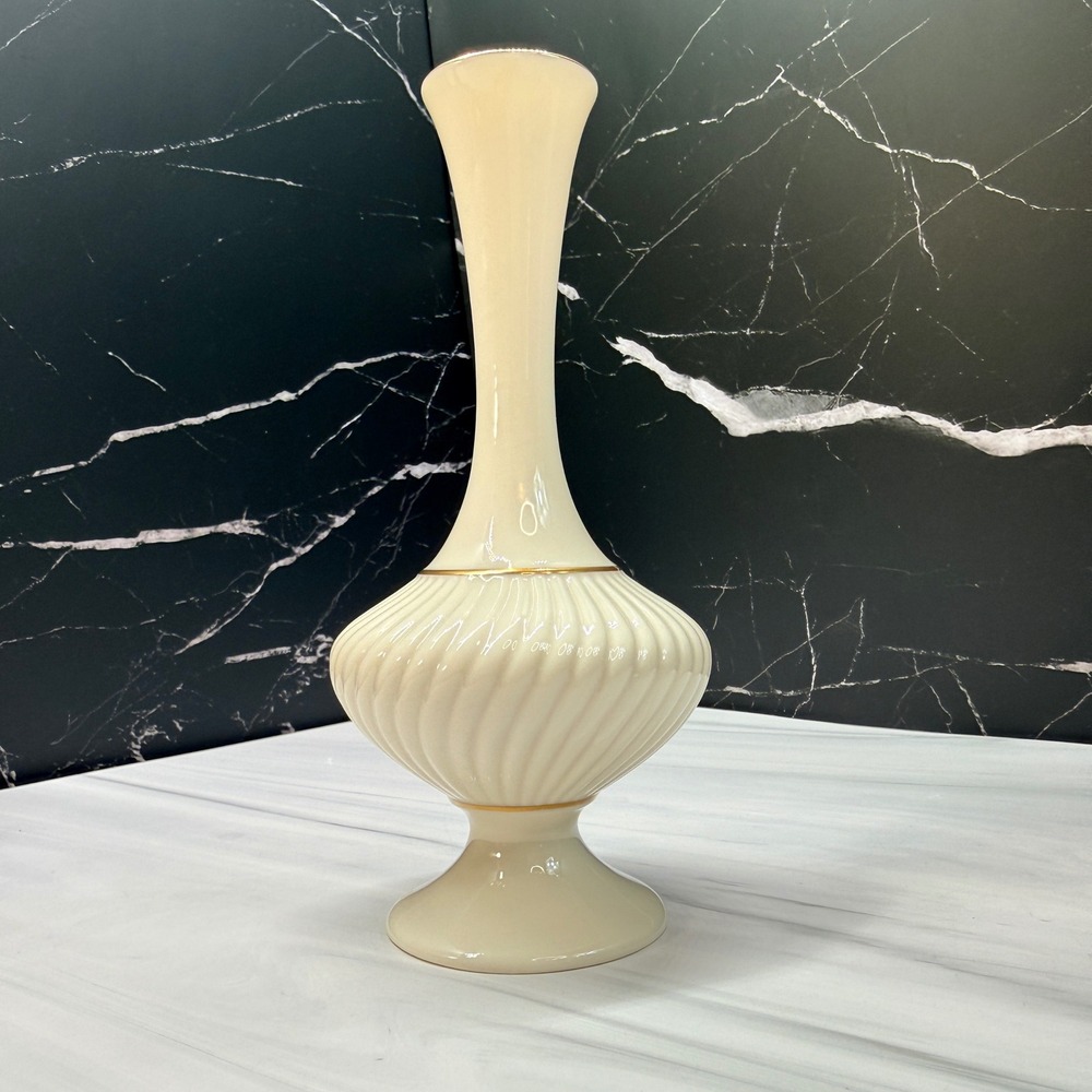 Lenox Ivory Porcelain Fluted Swirl Bud Vase Gold Trim Made in USA 7.5 Inch